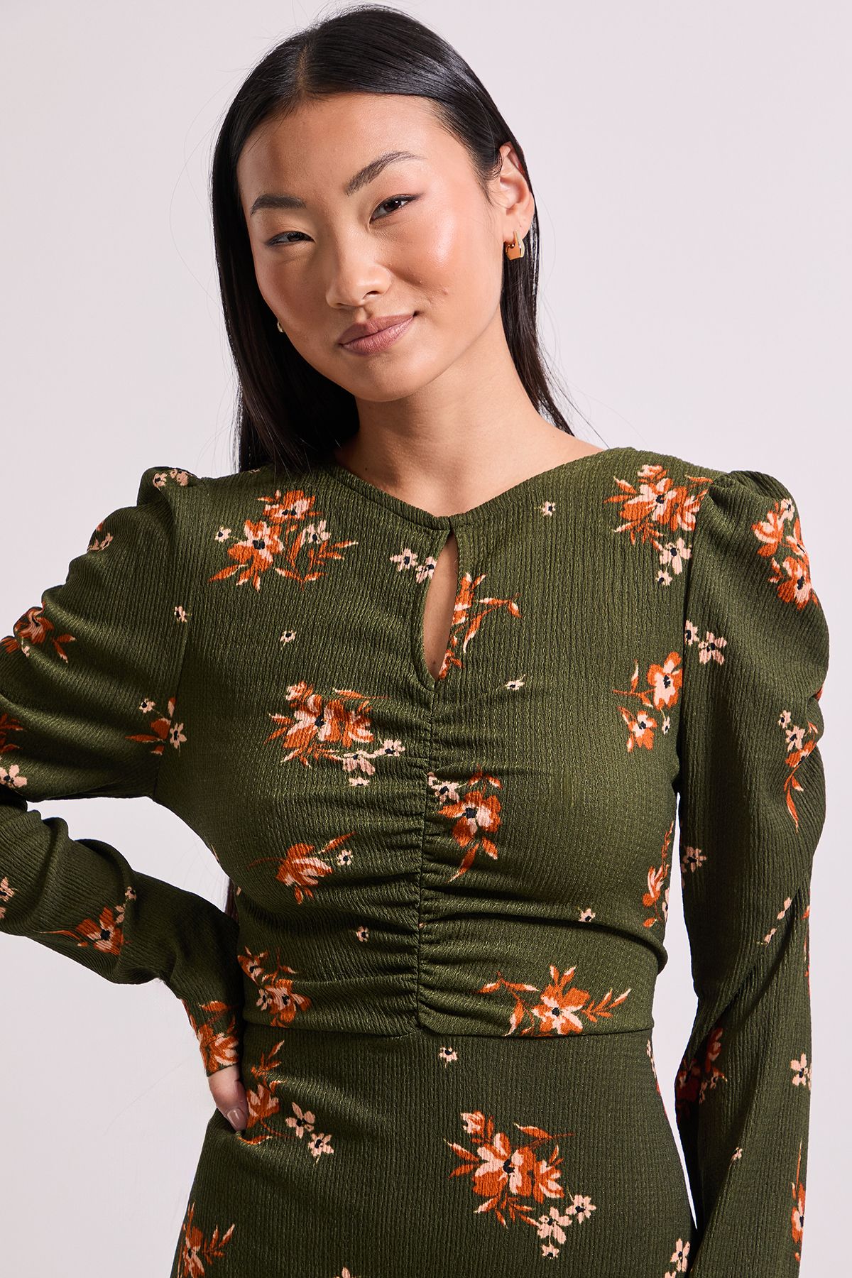 Dorothy Perkins Petite Khaki Floral Keyhole Midi Dress Floral image 4