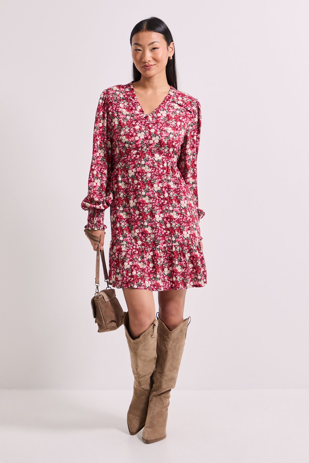 Dorothy Perkins Petite Frill Detail Tiered Smock Printed Mini Dress Pink image 1