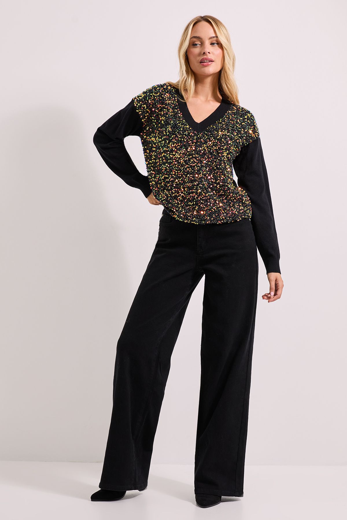 Dorothy Perkins Knitted Sequin Cricket Jumper Black image 2