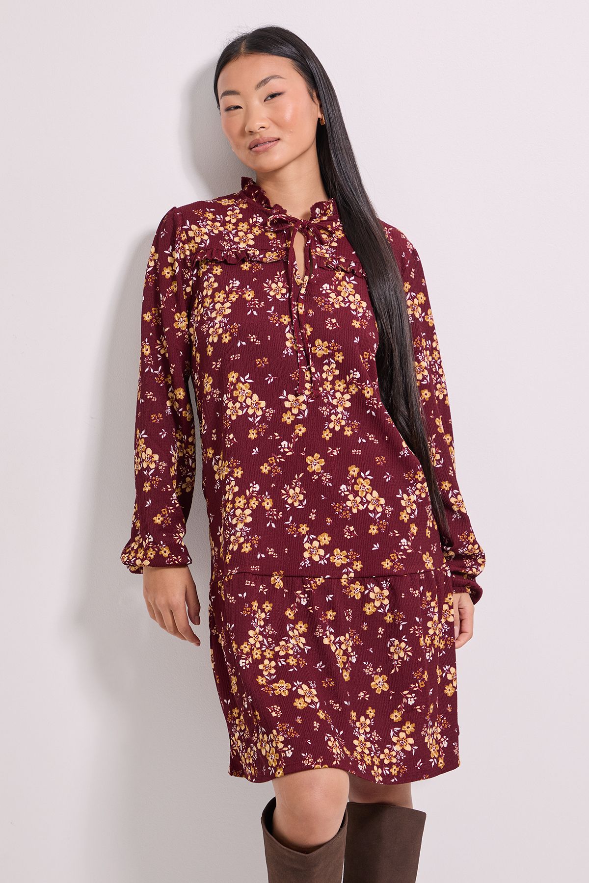 Dorothy Perkins Petite Yellow Floral Tie Neck Tiered Smock Jersey Mini Dress Yellow image 2