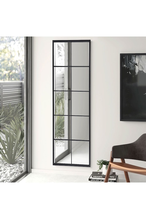Living and Home 60x150cm Modern Black Metal Frame Rectangular Windowpane Mirror