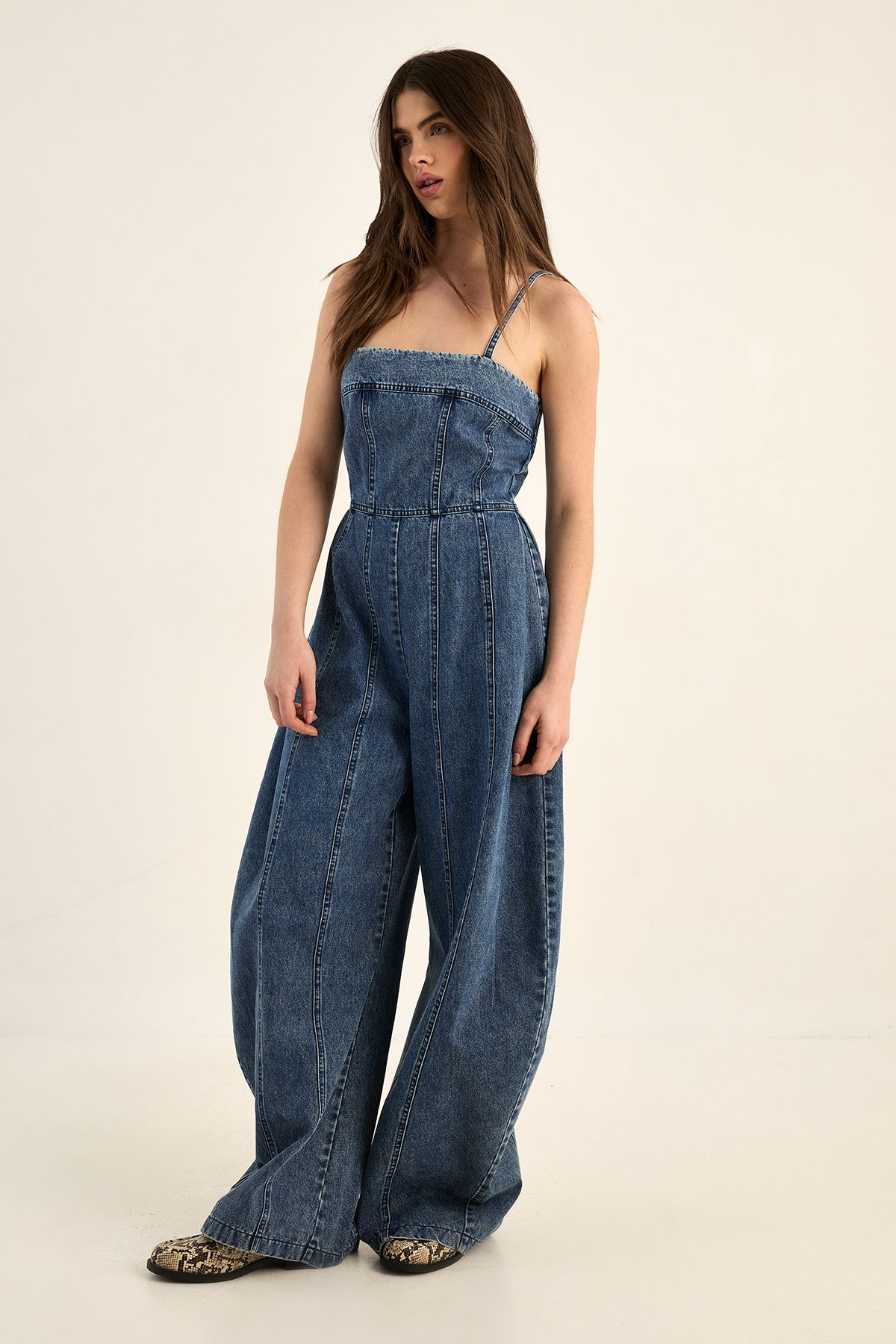 NastyGal Strappy Seam Detail Wide Leg Denim Jumpsuit Vintage Wash