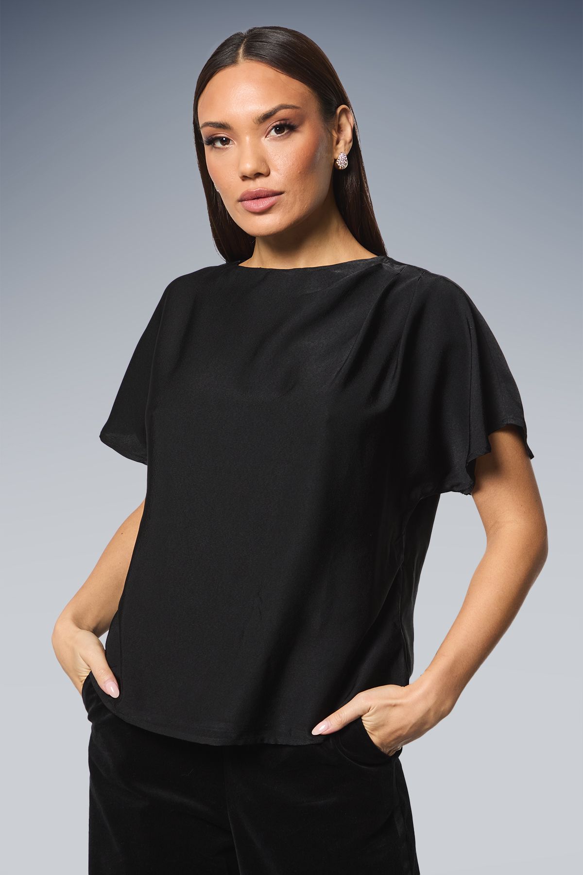 Principles Black Satin Drape Shoulder T-shirt Black image 2