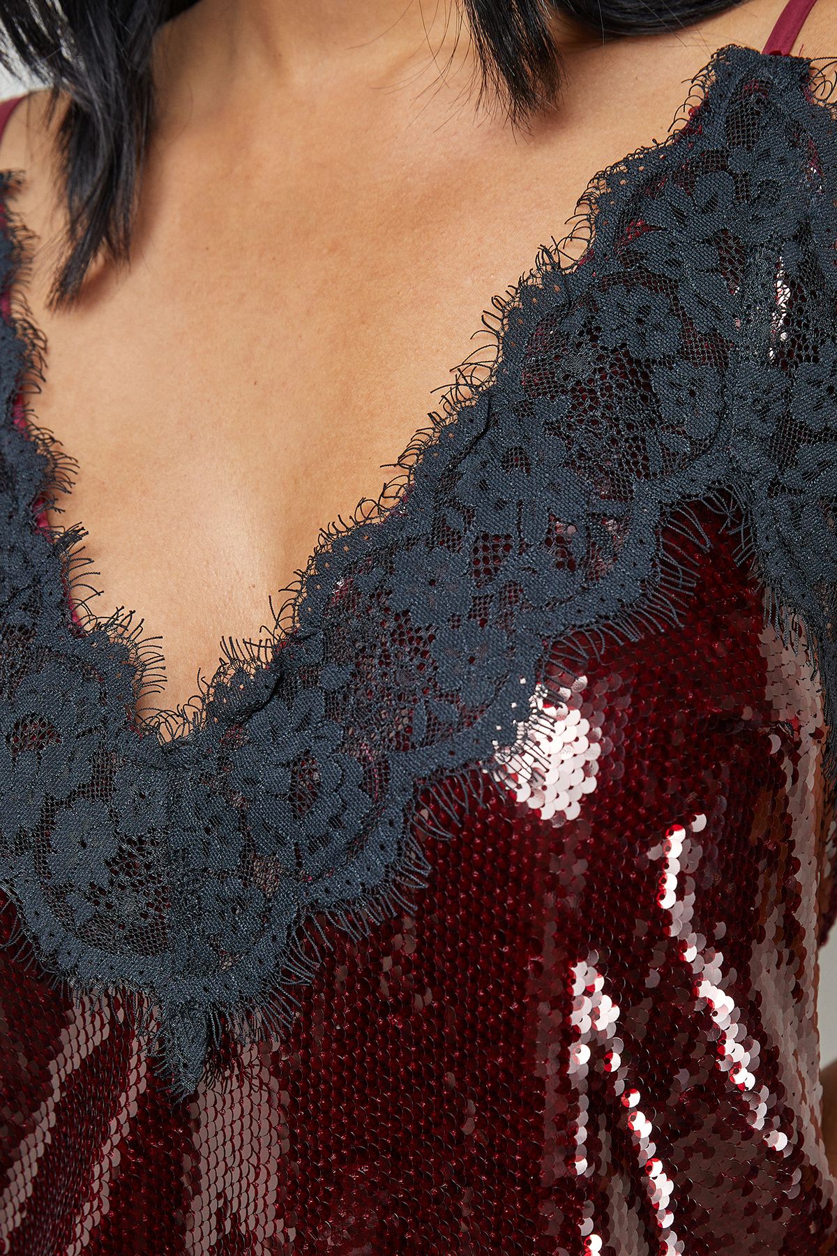 Warehouse Sequin Lace Trim High Apex Cami Top Dark Red image 5