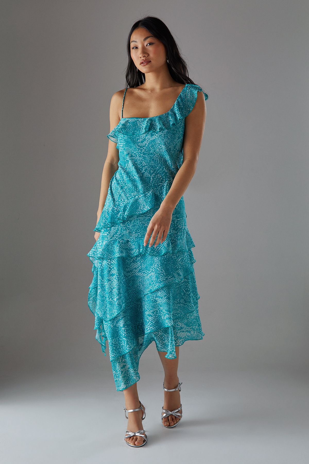 Warehouse Petite Chiffon Asymmetric Hem Ruffle Midi Slip Dress Blue