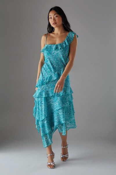 Warehouse Petite Chiffon Asymmetric Hem Ruffle Midi Slip Dress Blue