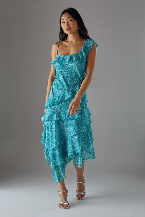 Warehouse Petite Chiffon Asymmetric Hem Ruffle Midi Slip Dress Blue