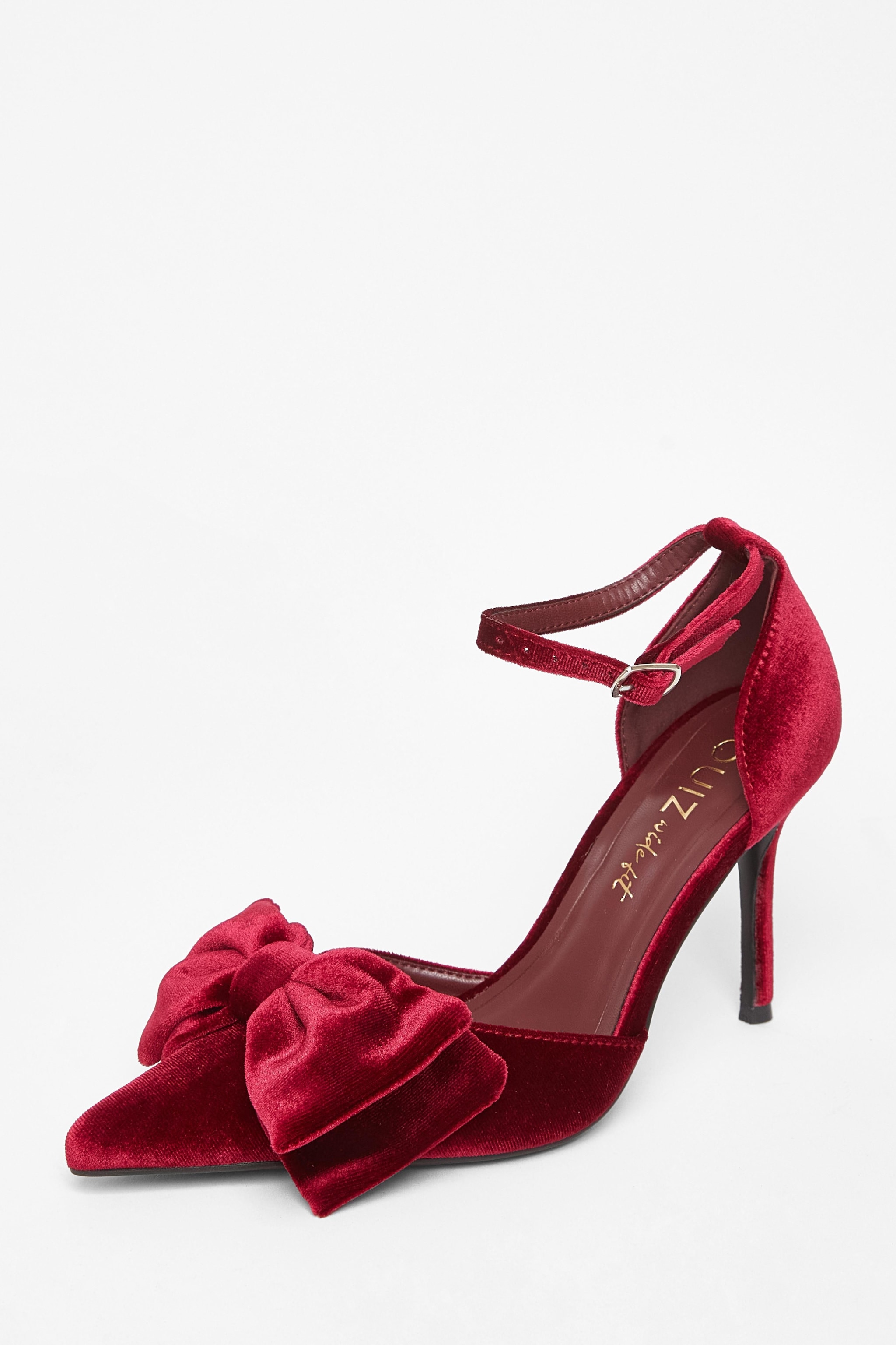 Quiz Burgundy Wide Fit Velvet Bow Court Heels image 1