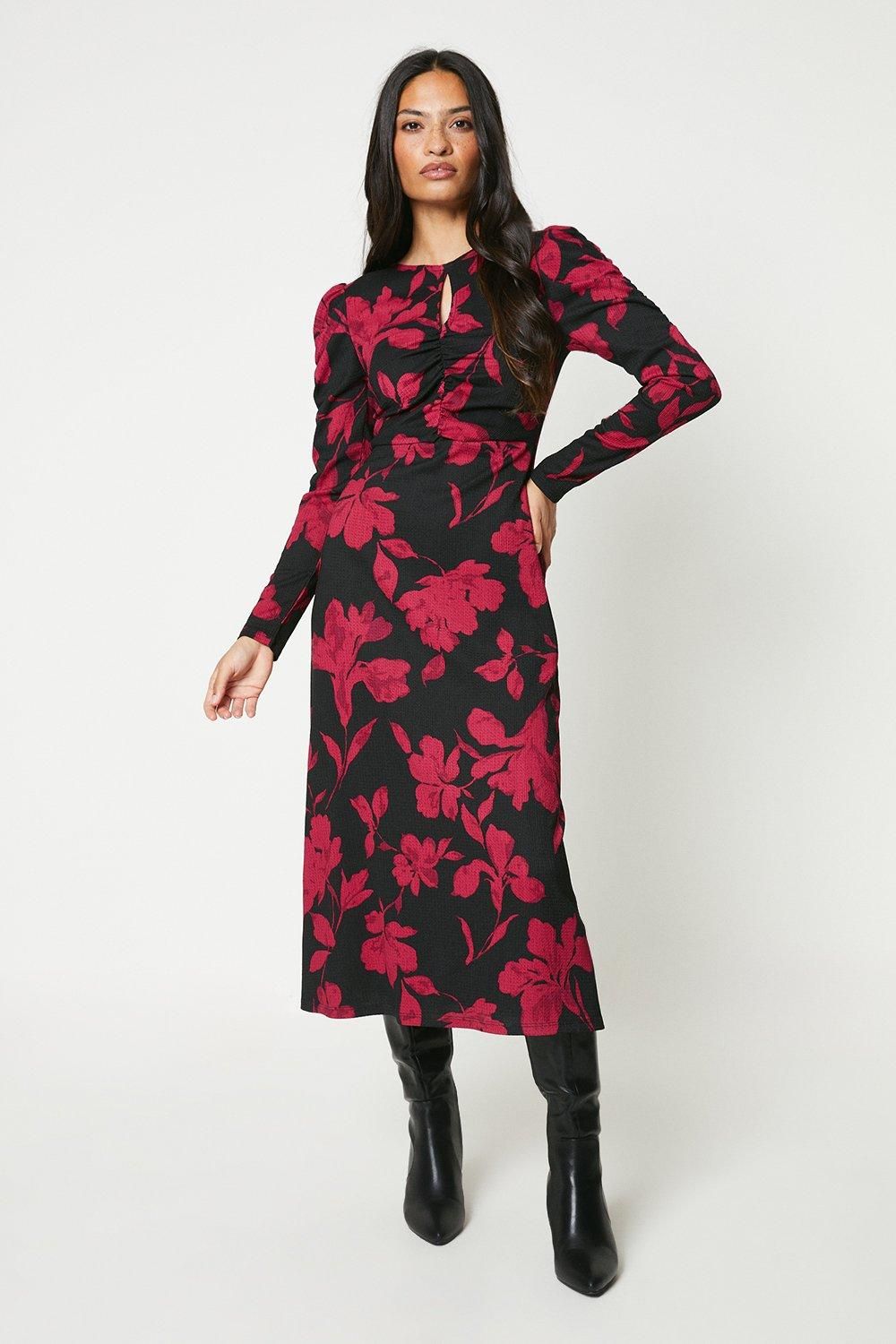 Dorothy Perkins Red Floral Keyhole Midi Dress Black image 1