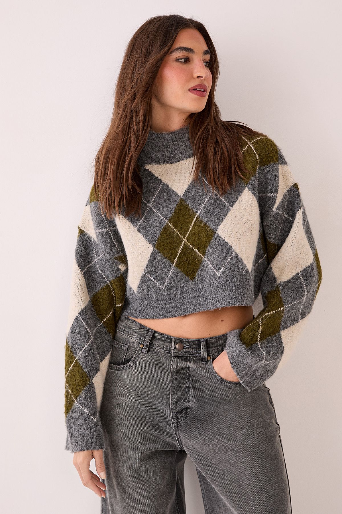 NastyGal Brushed Argyle Turtleneck Boxy Cropped Jumper Grey image 1