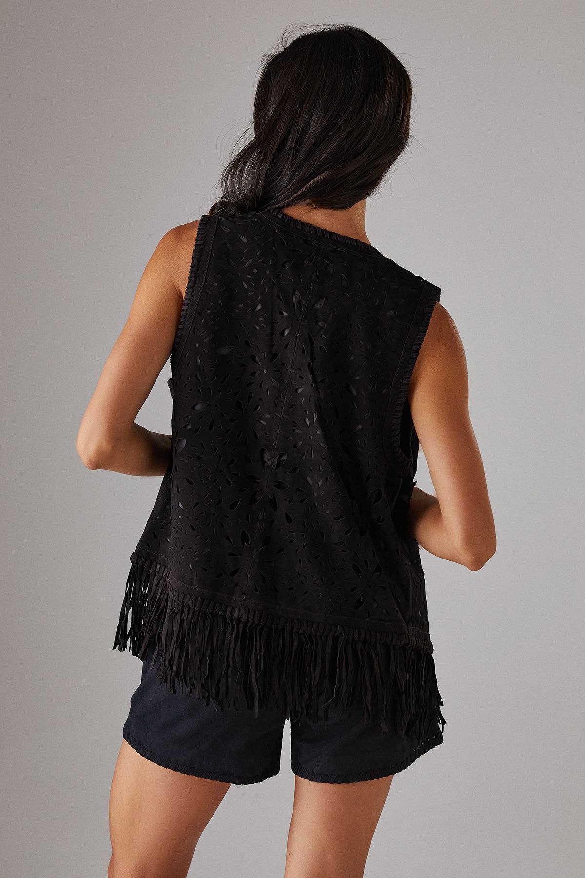 Warehouse Real Suede Fringed Waistcoat Black image 3