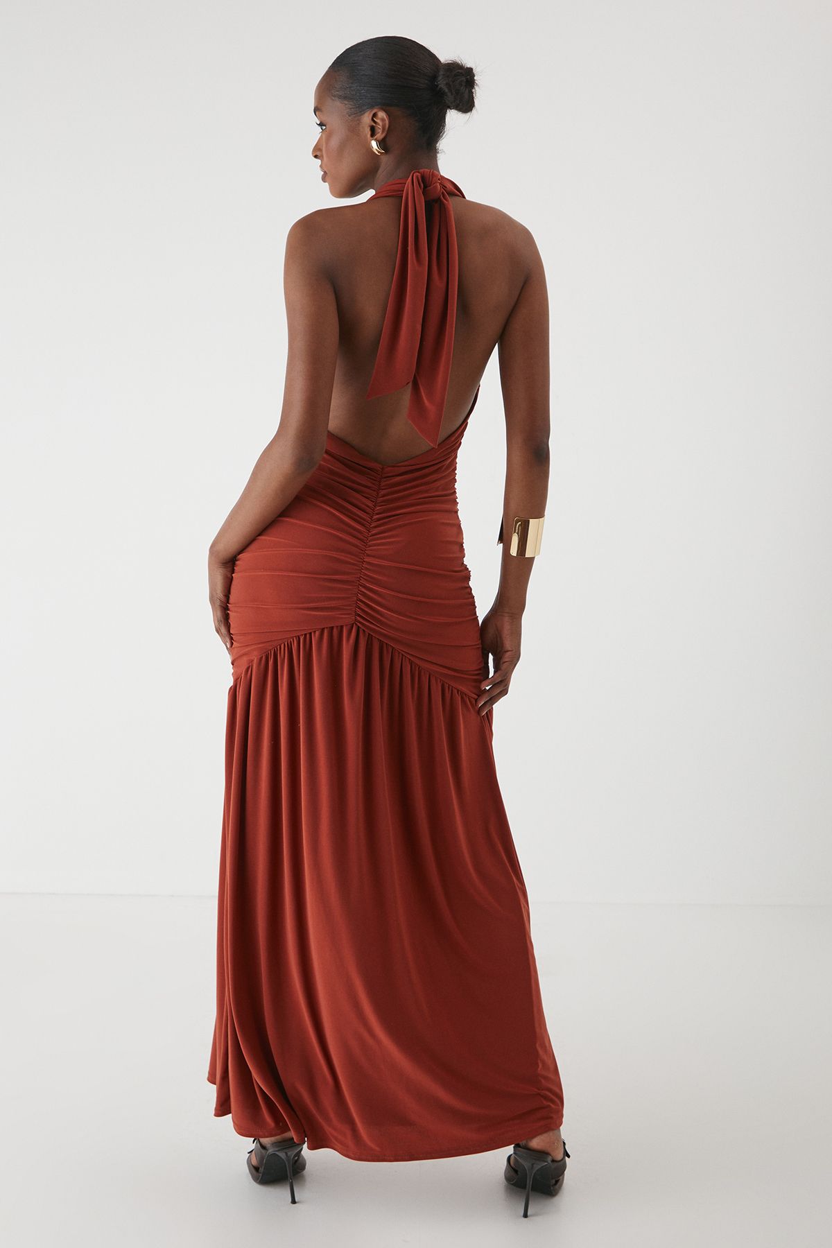 MissPap Halter Neck Plunge Ruched High Split Maxi Dress Rust image 3