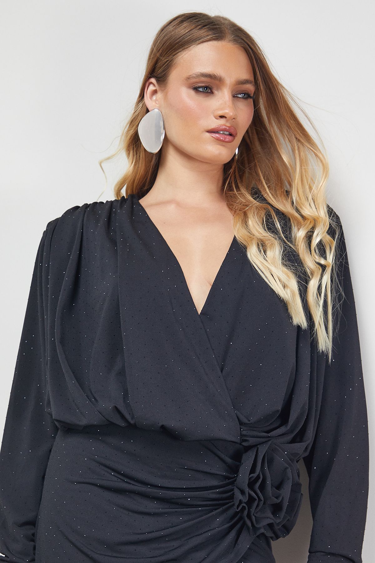 Warehouse Hotfix Plunge Neck Shoulder Pad Rosette Mini Dress Black image 4