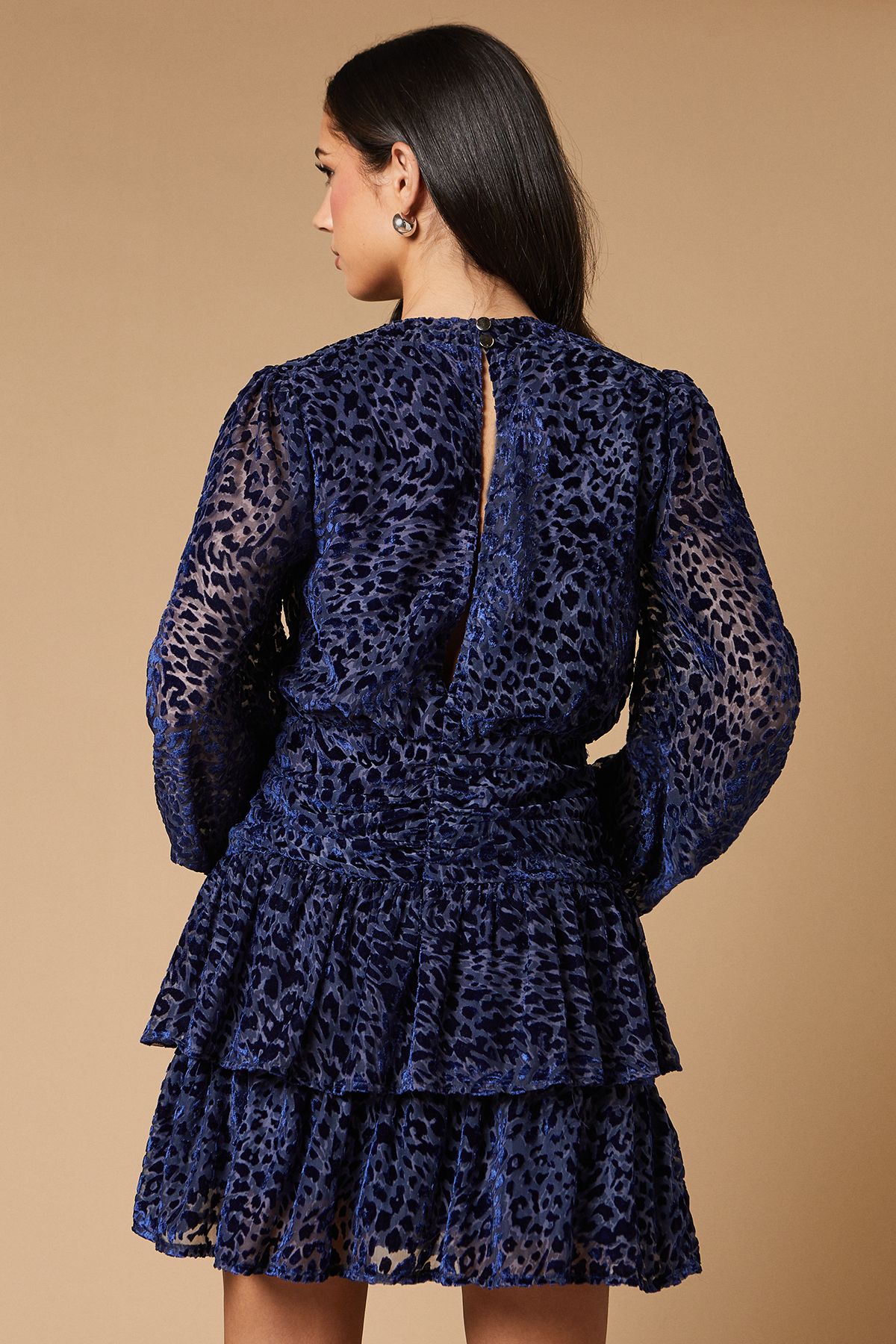 Oasis Velvet Tiered Blouson Sleeve Mini Dress Navy image 3