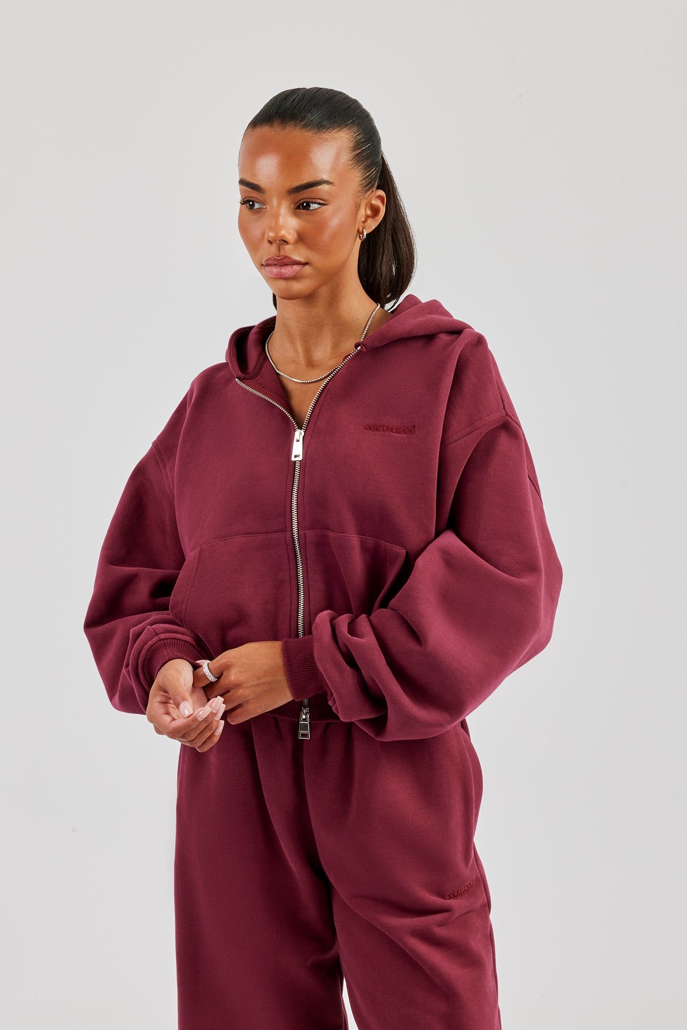 Cernucci Cropped Zip Through Hoodie - Burgundy image 4
