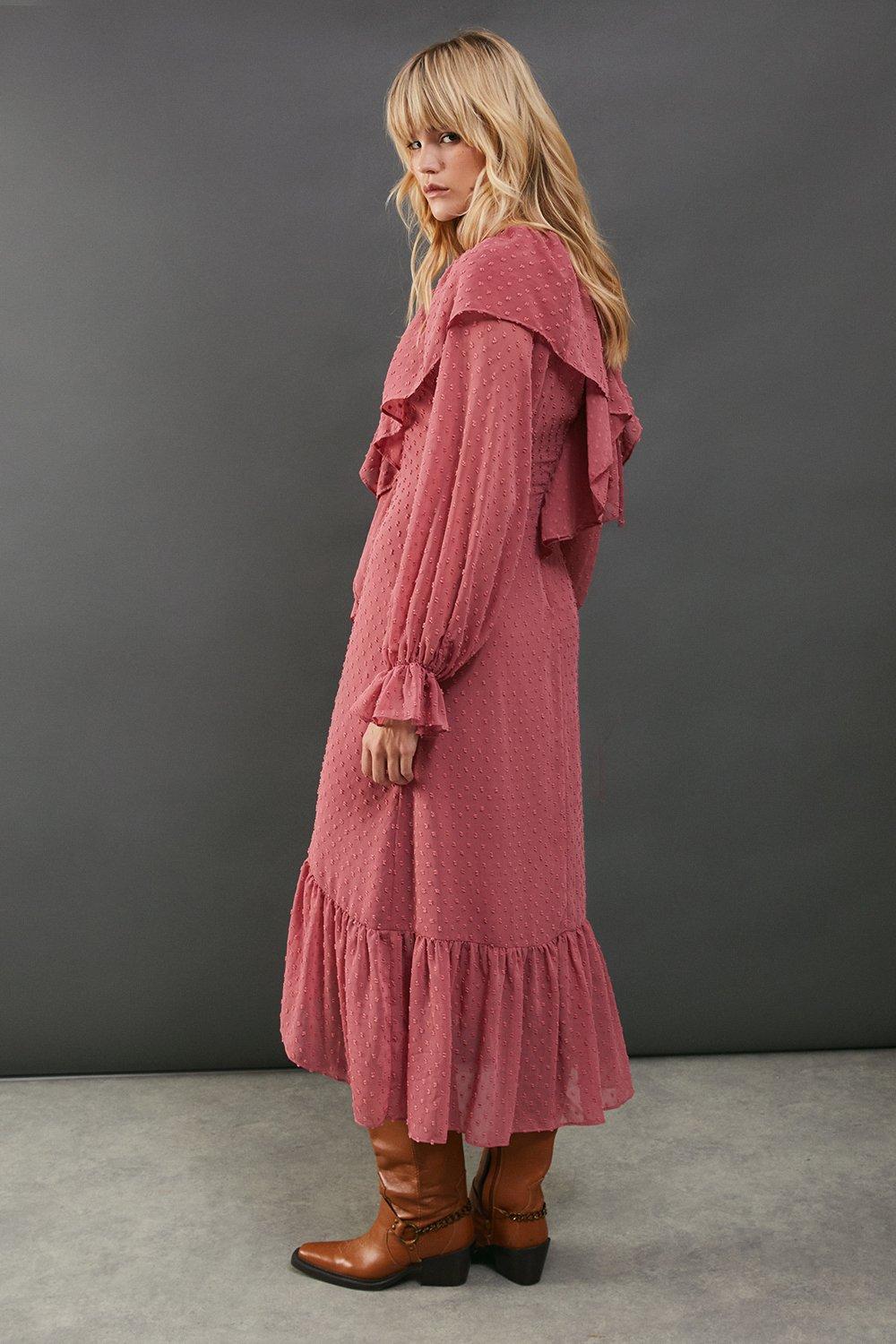 Warehouse Dobby Chiffon Ruffle High Low Hem Midi Dress Rose image 3