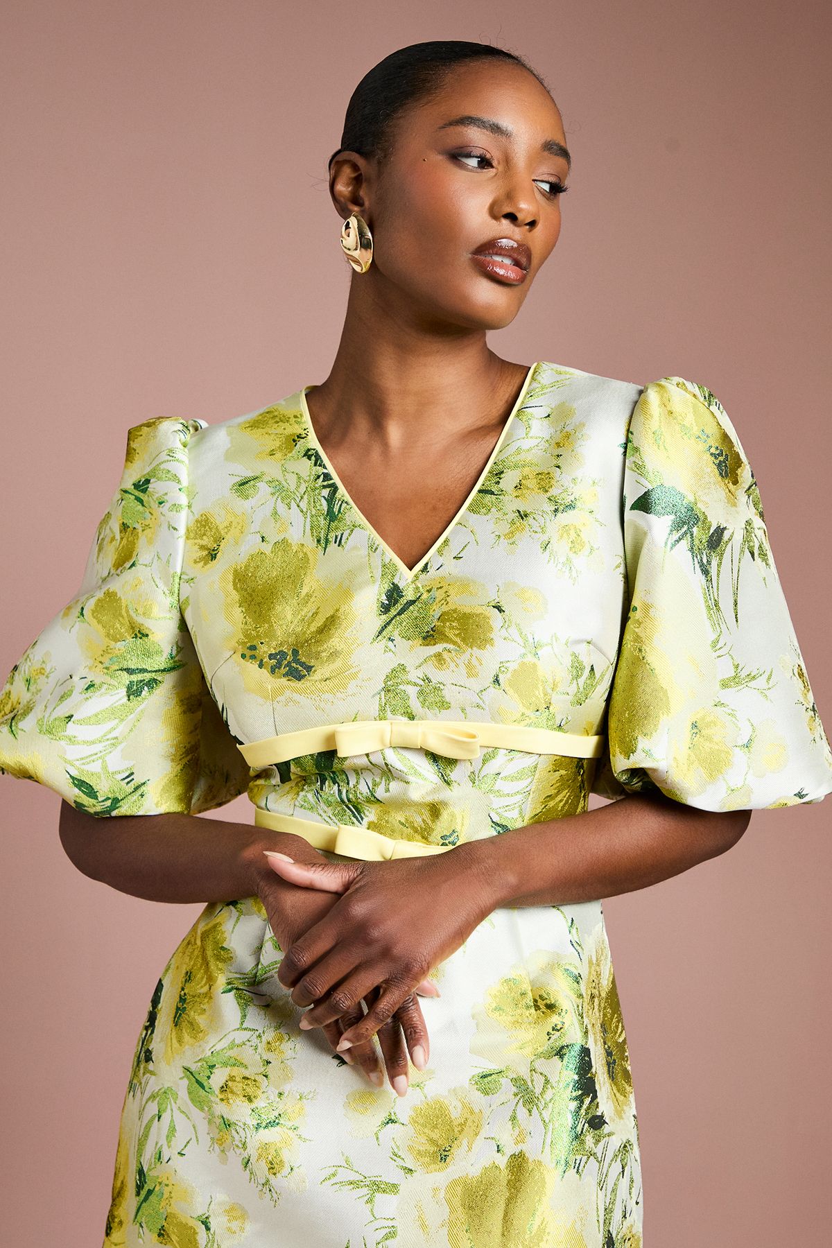 Coast Floral Jacquard Puff Sleeve Mini Dress Yellow image 4