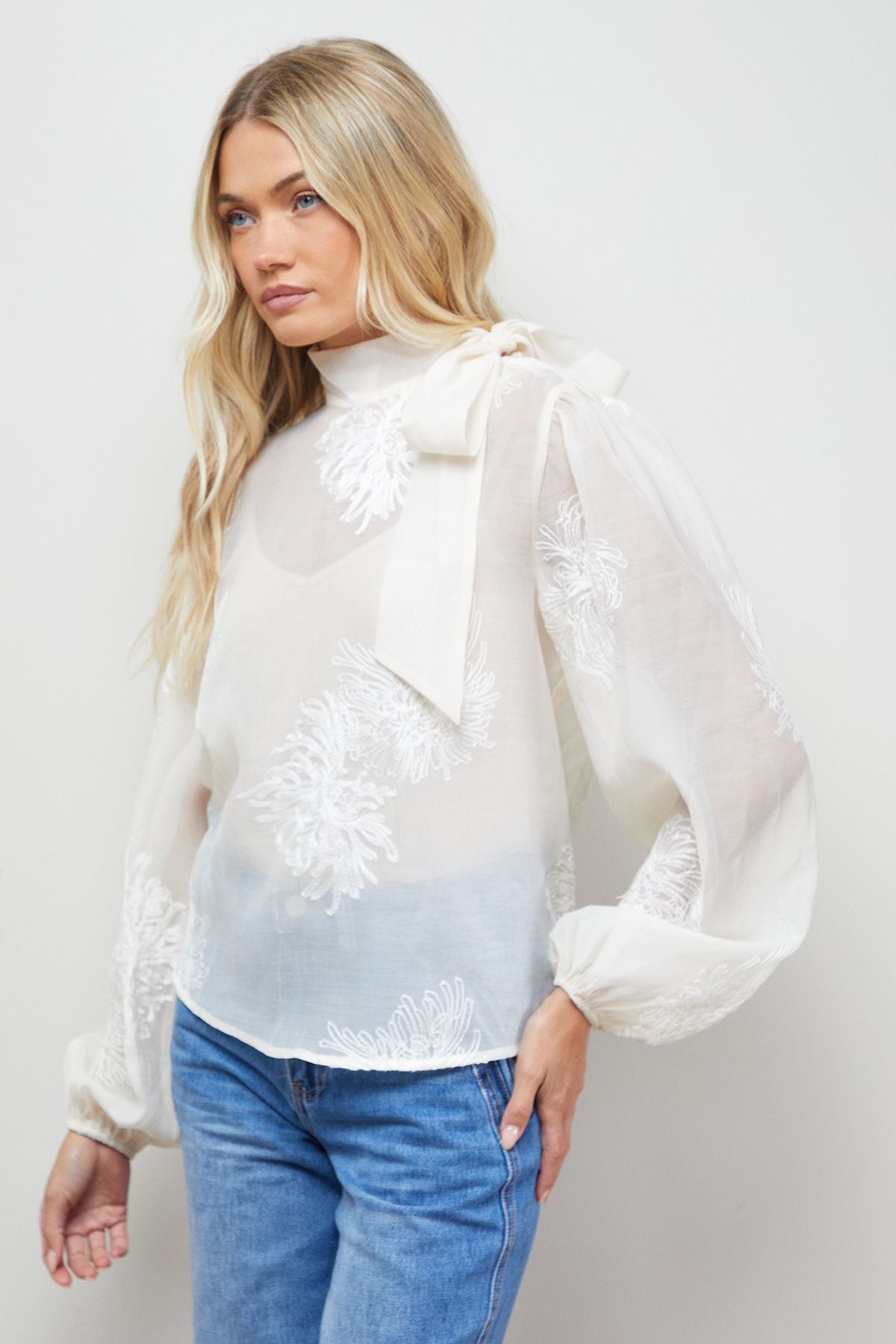 Oasis Embroidered Tie Neck Blouse Mocha image 4