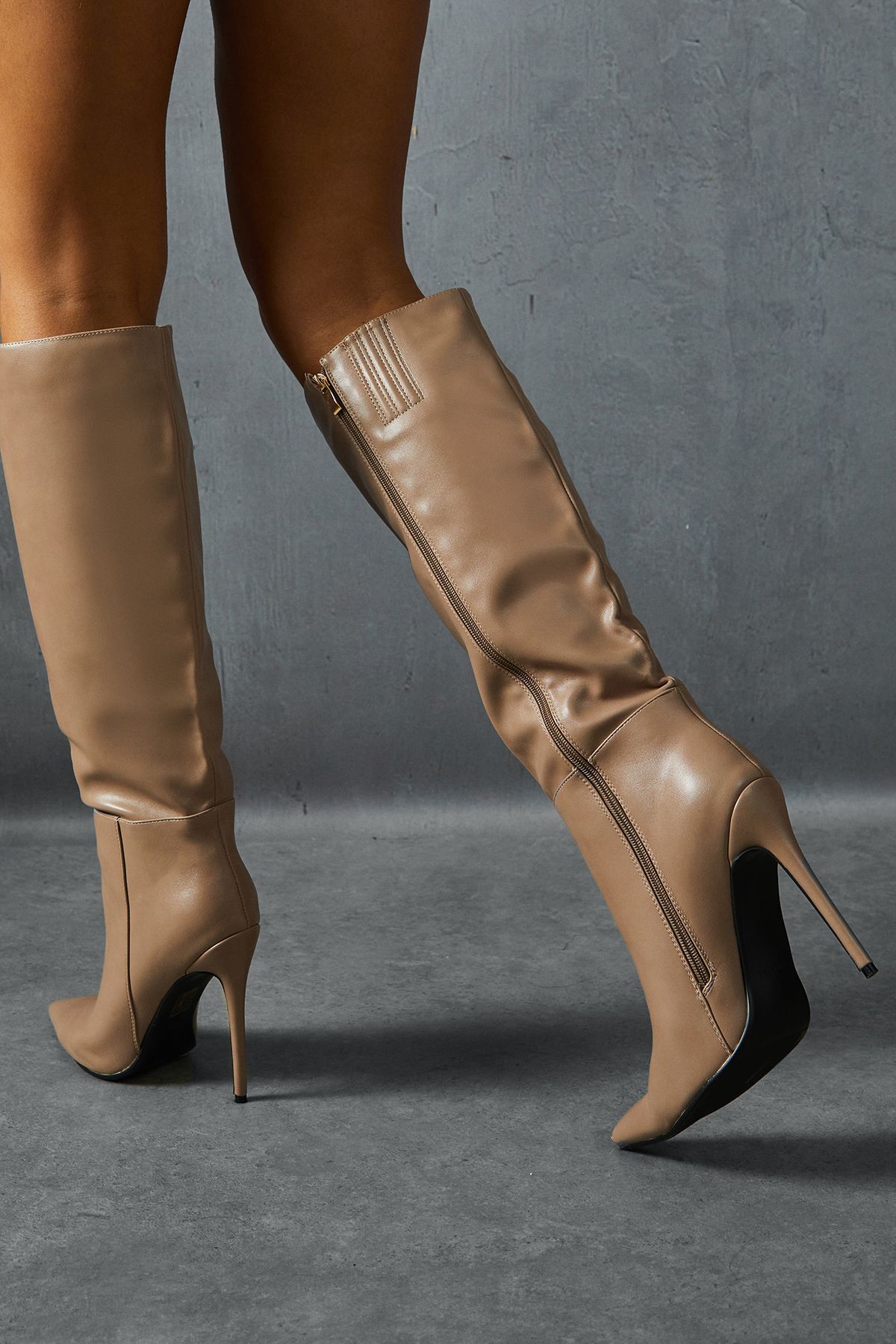 MissPap Leather Look Knee High Pointed Boots Taupe image 3