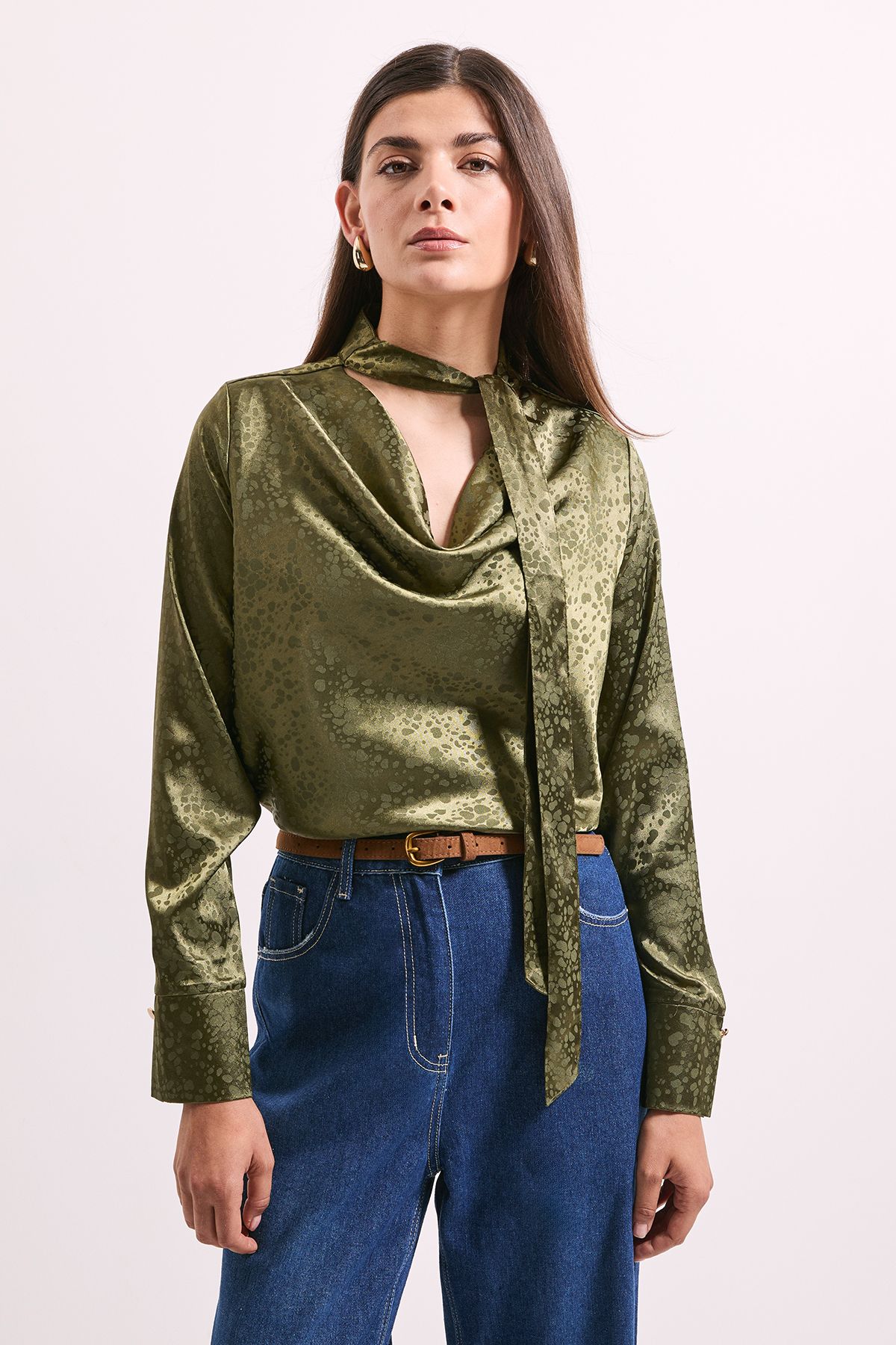 Principles Olive Cowl Tie Neck Satin Jacquard Blouse Olive image 2