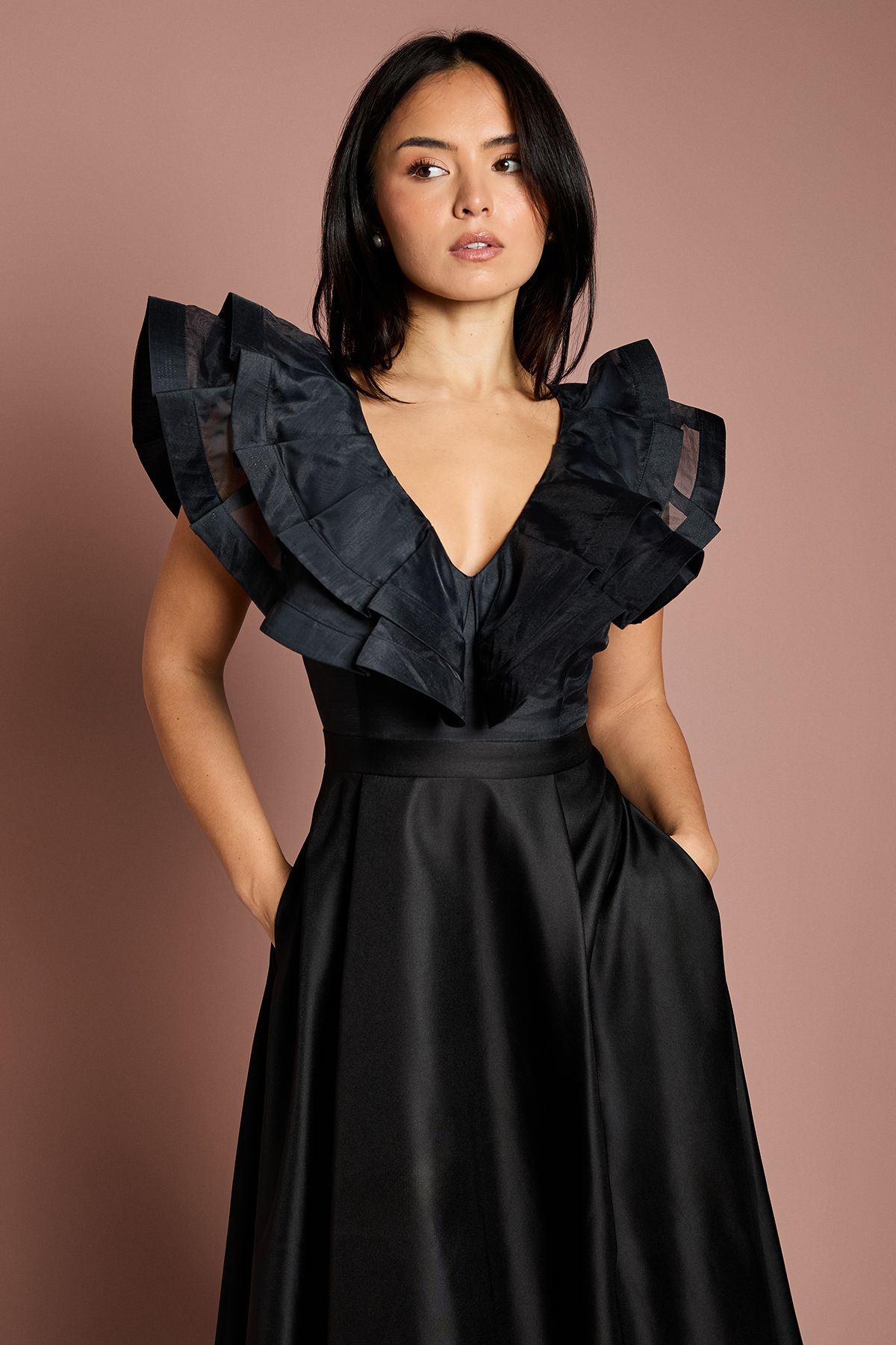 Coast Petite Volume Frill Shoulder Midi Dess Black image 4