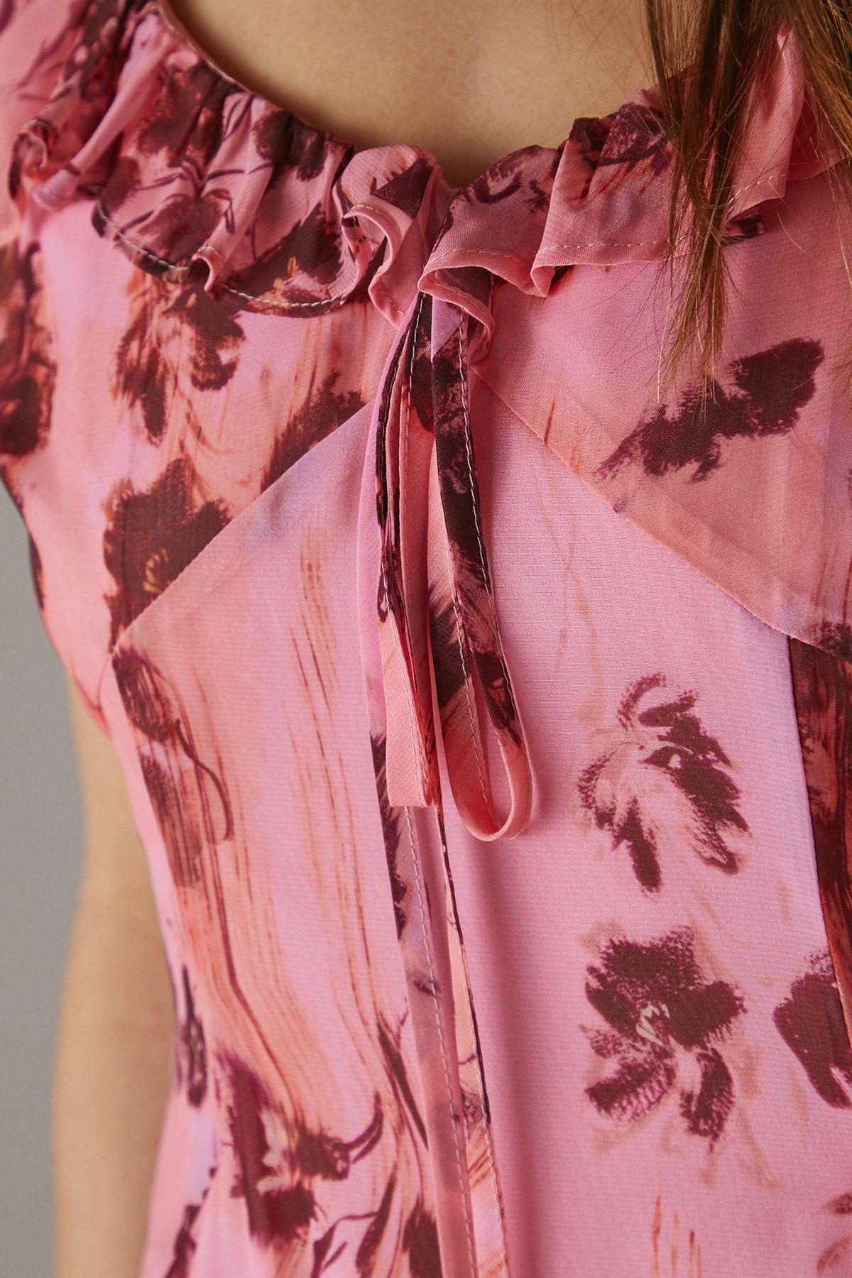 Warehouse Floral Chiffon Ruffle Double layer Midi Dress Pink image 5