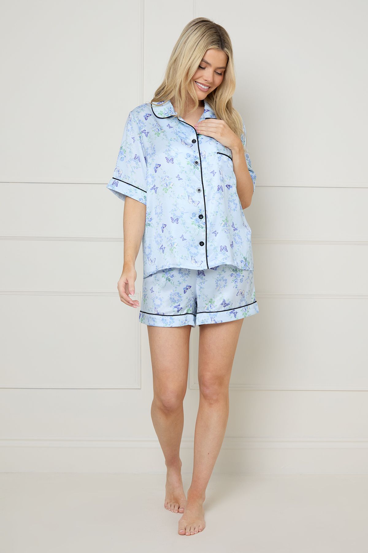 Oasis Blue Butterflies Satin Nightwear Shorts Set Blue