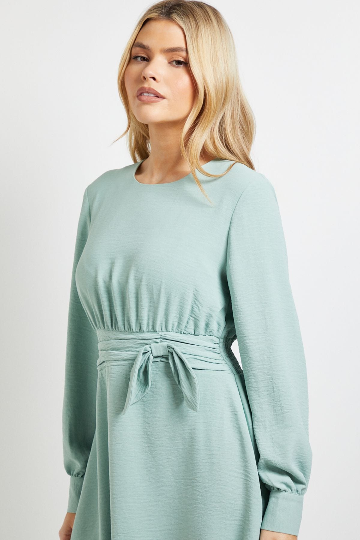 Dorothy Perkins Bow Waist Long Sleeve Mini Dress Sage image 4