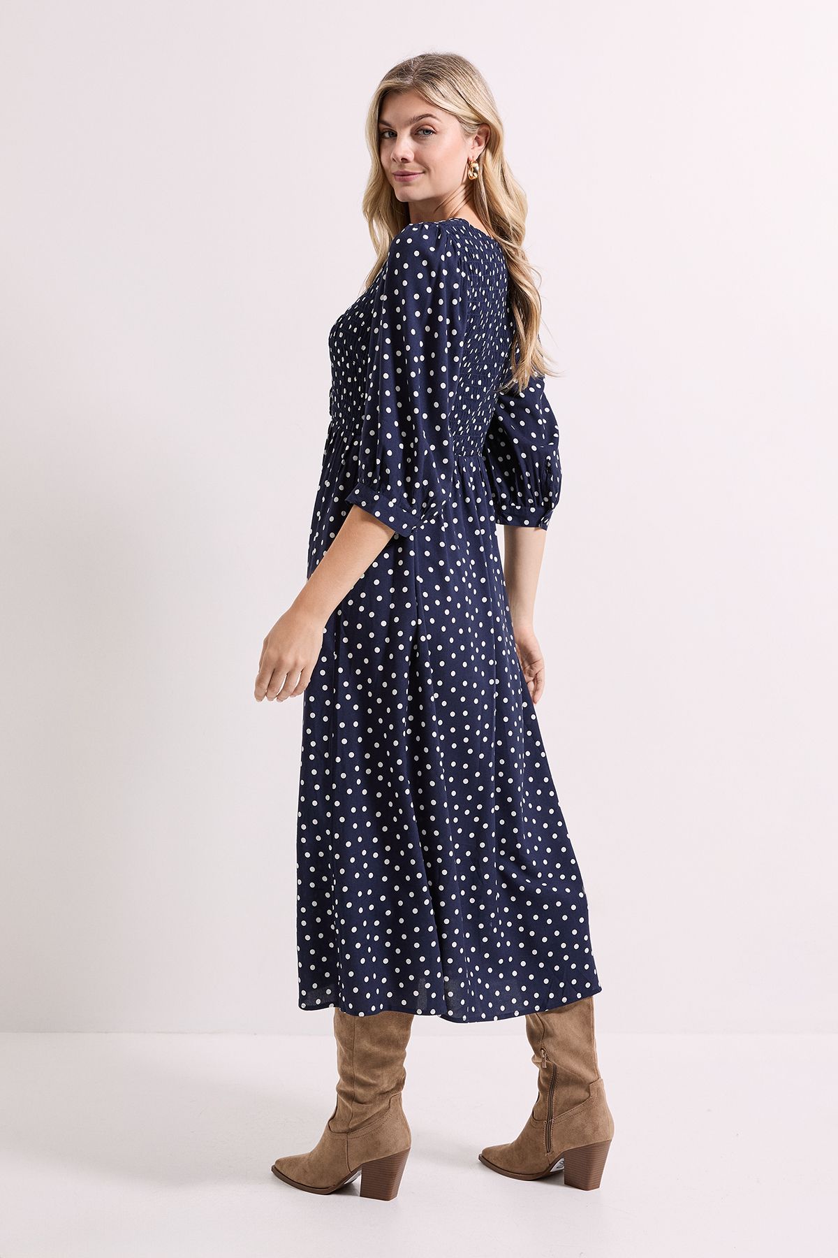 Dorothy Perkins Navy Shirred Bodice Button Detail Midi Dress Navy image 4