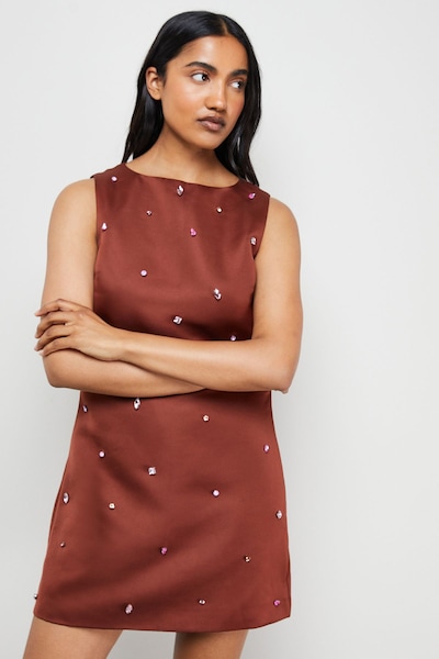 Warehouse Embellished Structured Sleeveless Sequin Mini Dress Brown