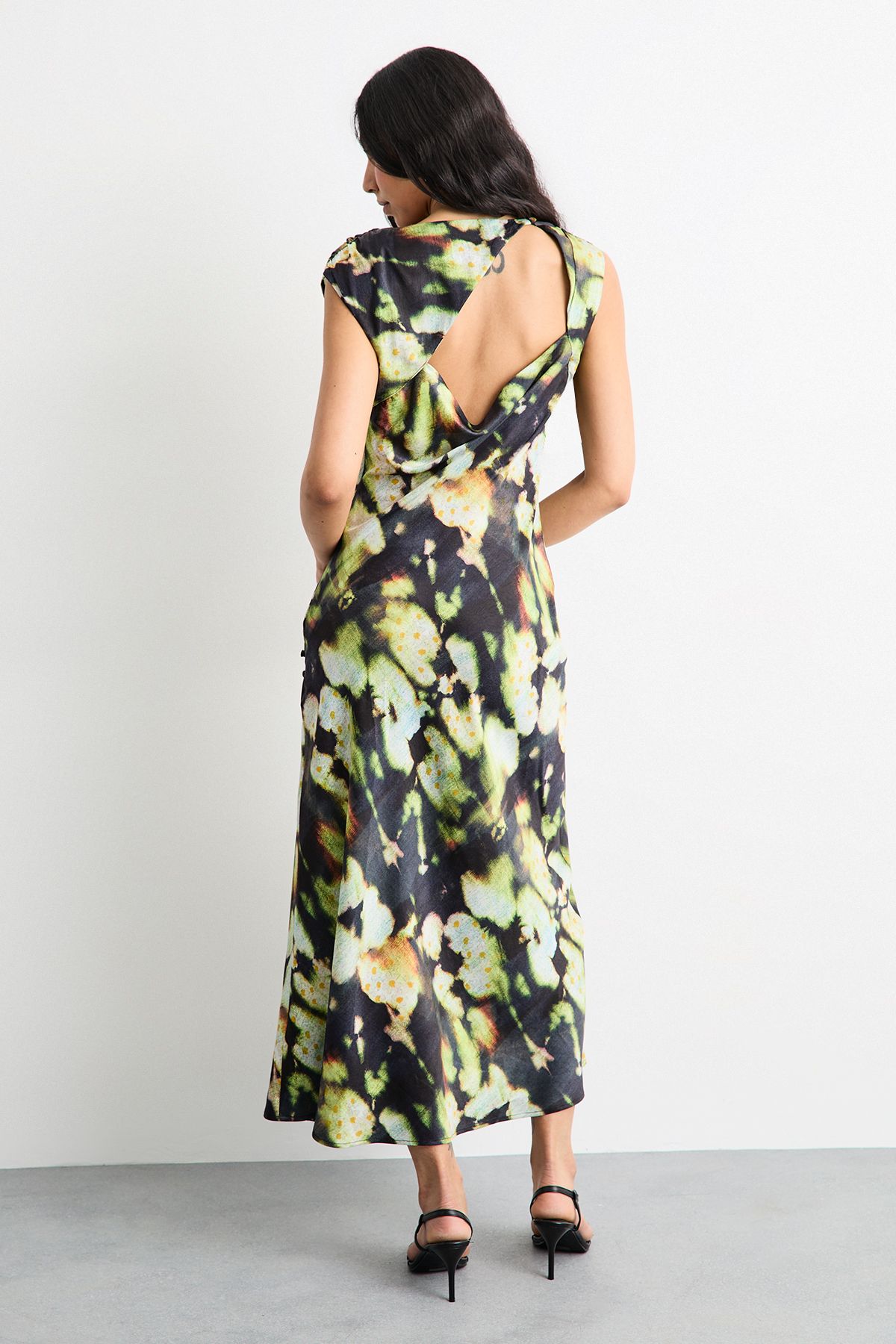 Warehouse Abstract Print Cowl Bias Satin Dress With Button Detail Green image 3