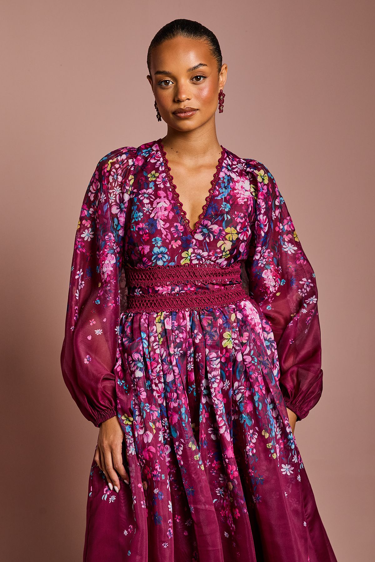 Coast Petite Organza Floral Placement Lace Trim Midaxi Dress Plum image 2