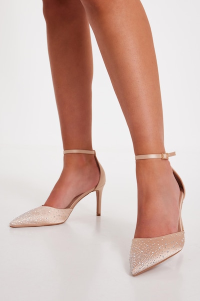 Quiz Off White Diamante Satin Court Heels