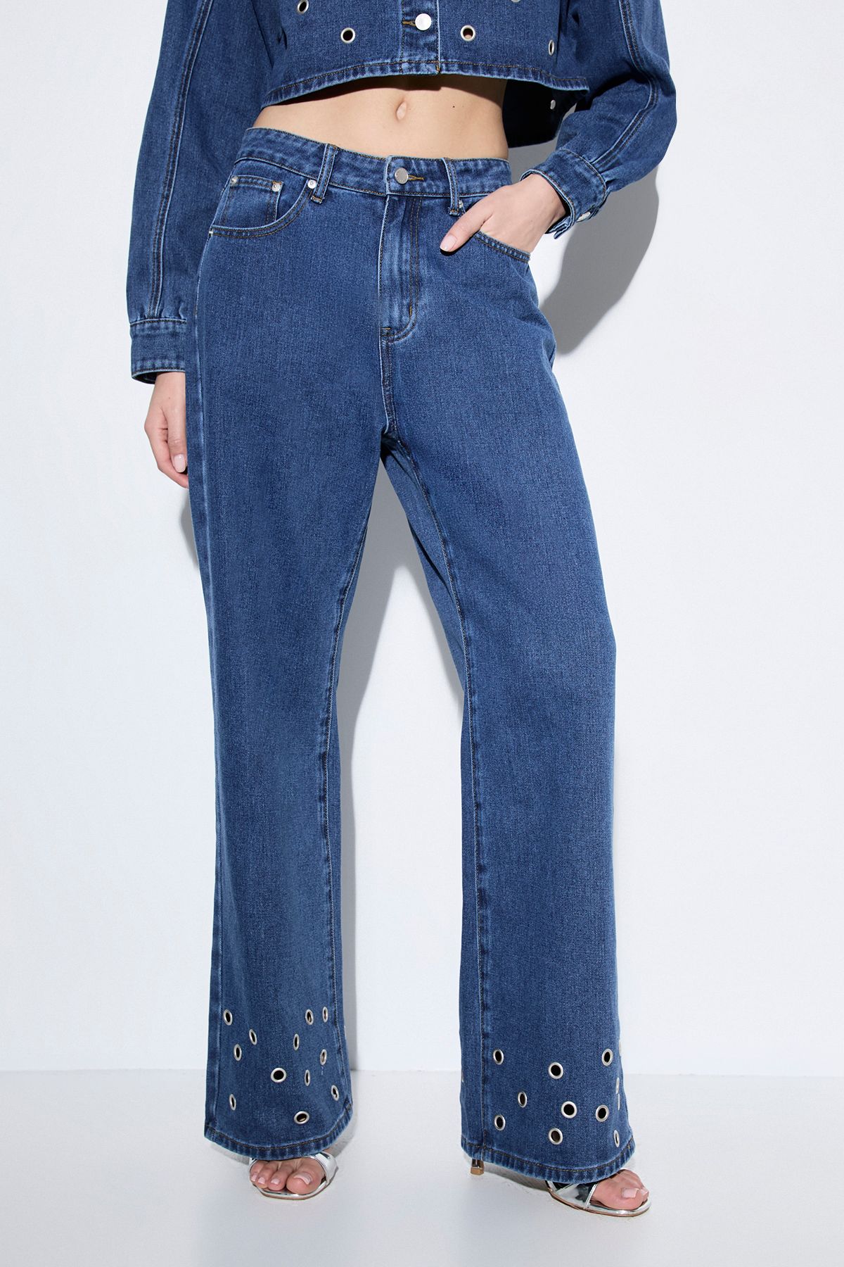 MissPap Eyelet Detail Denim Jean Mid Wash image 2