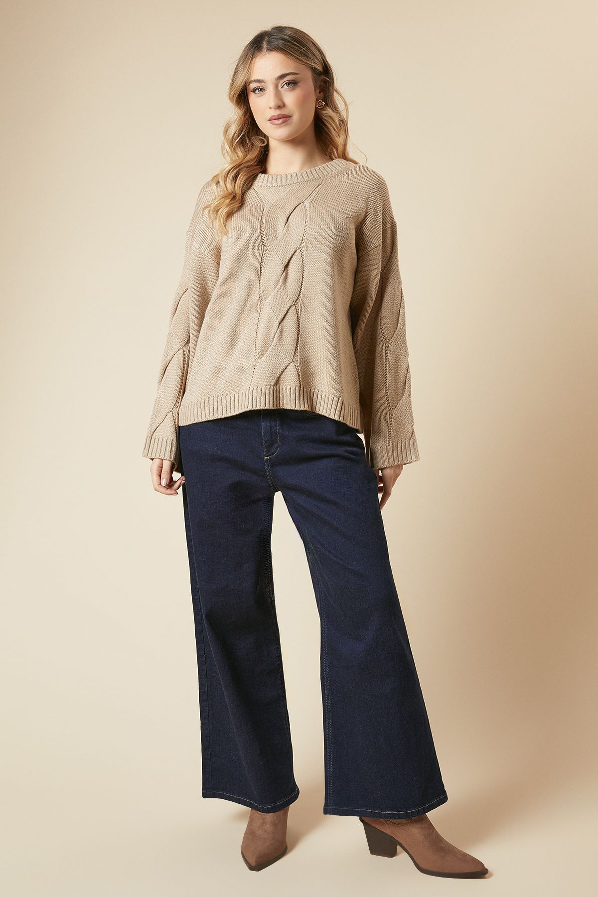 Dorothy Perkins Centre Front Cable Design Crew Neck Jumper Oatmeal image 4