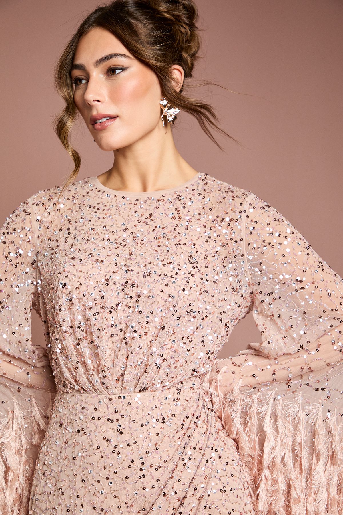 Coast Sequin Embellished Feather Trim Black Tie Maxi Dress Blush image 4