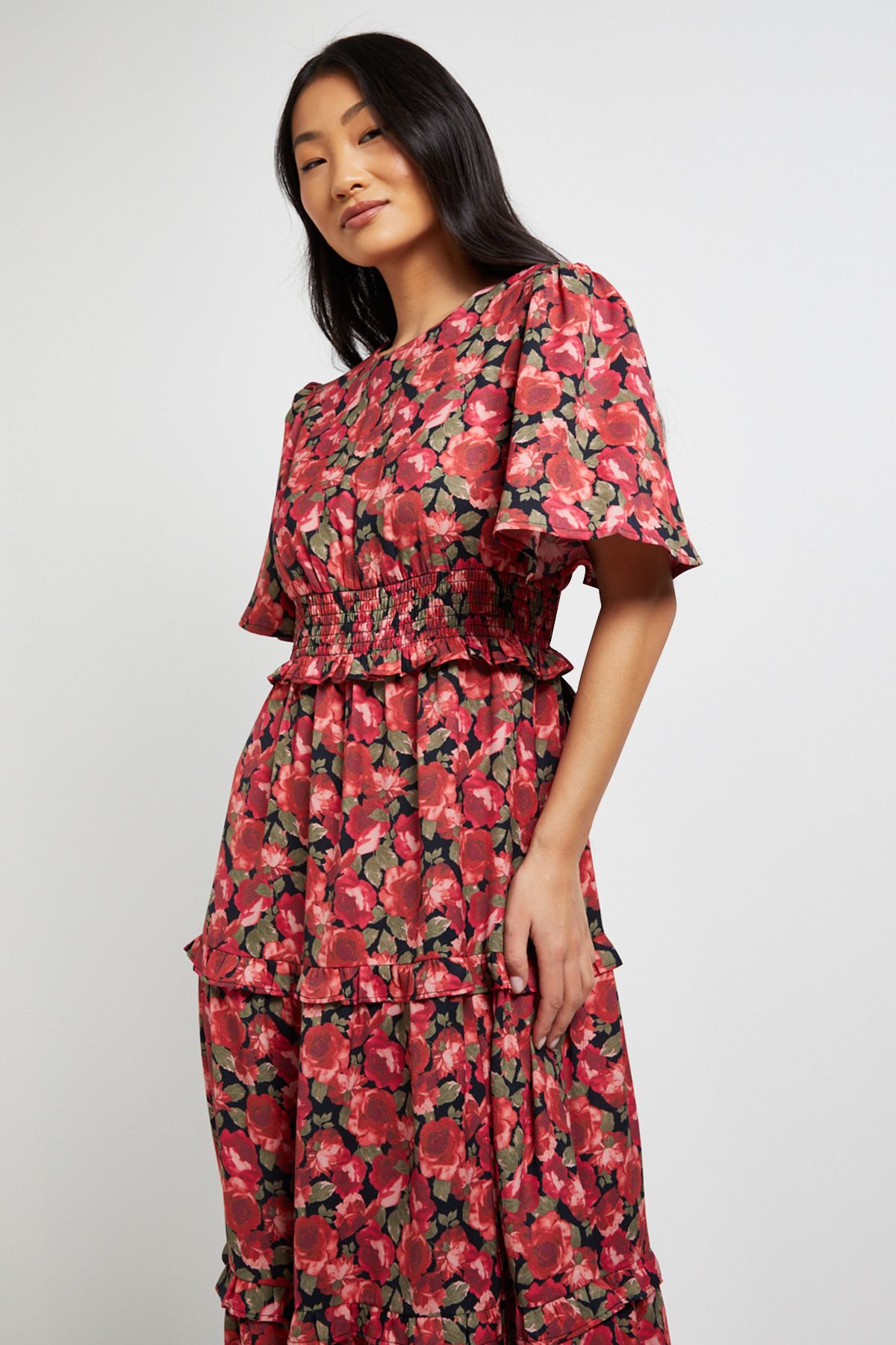 Dorothy Perkins Petite Red Floral Shirred Waist Angel Sleeve Tiered Maxi Dress Red