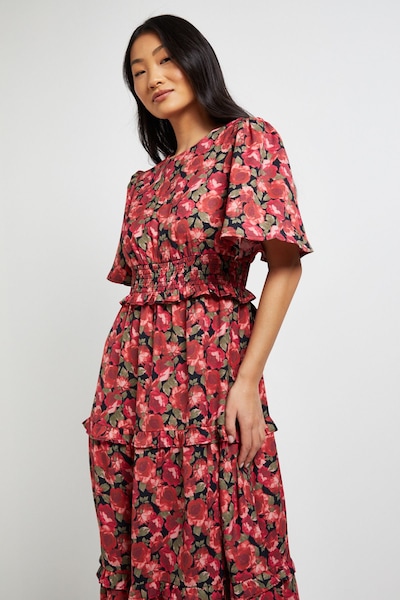 Dorothy Perkins Petite Red Floral Shirred Waist Angel Sleeve Tiered Maxi Dress Red