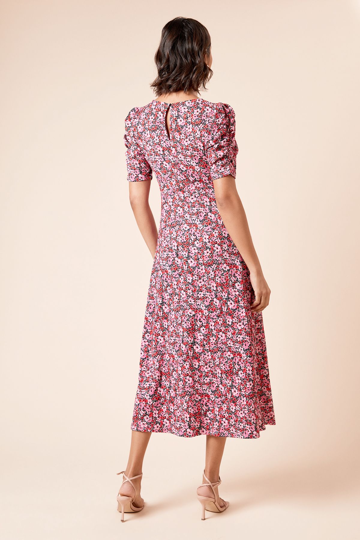 Dorothy Perkins Short Sleeve Multi Floral Keyhole Jersey Midi Dress Pink image 3
