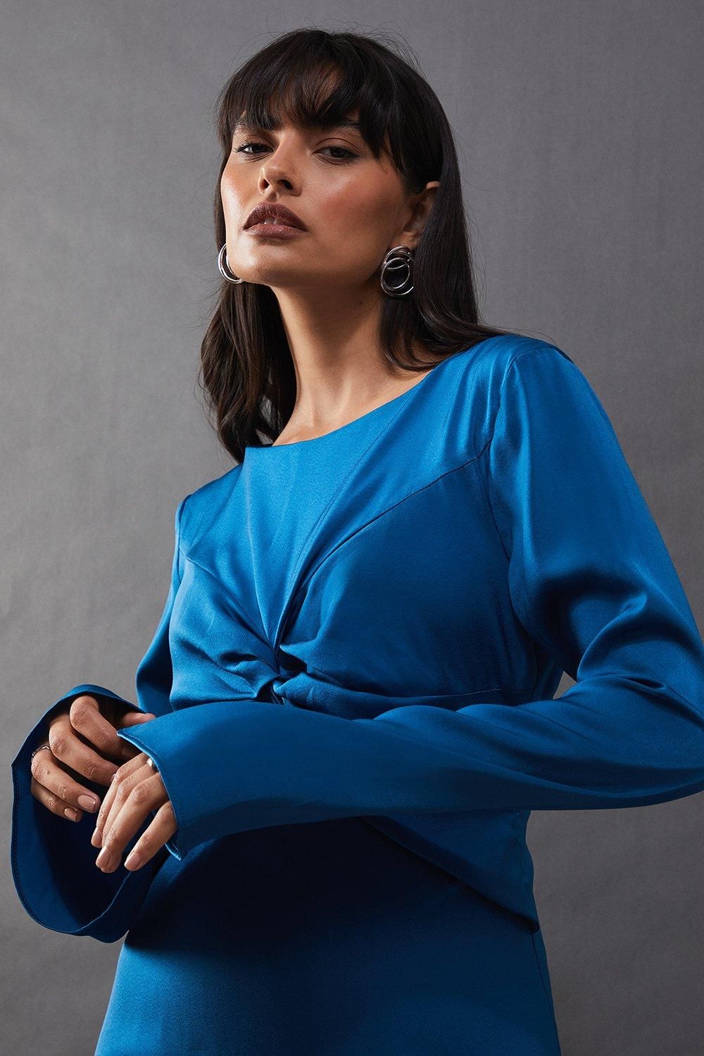 Warehouse Satin Twist Front Bias Midi Dress Blue image 4