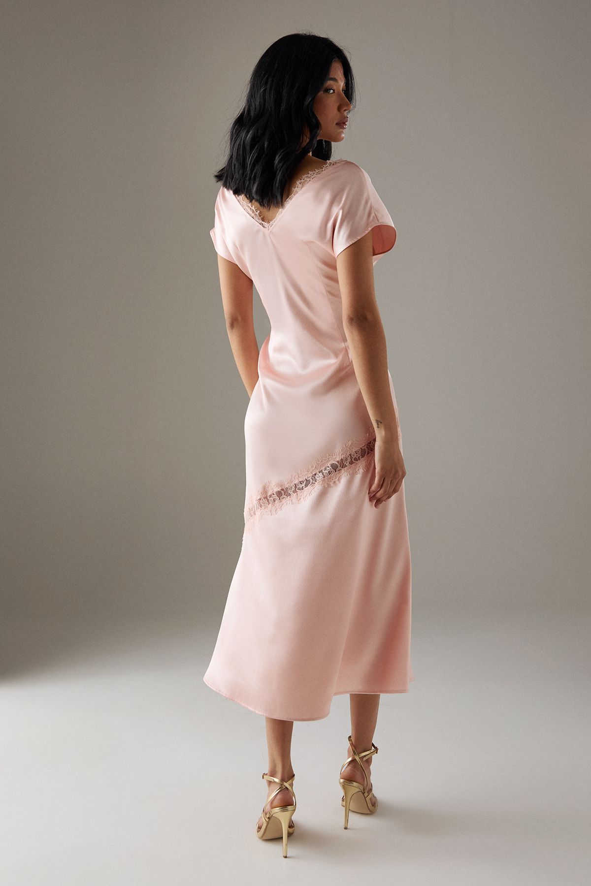 Warehouse High Shine Satin Grown On Sleeve Lace Midi Tea Dress Peach image 3