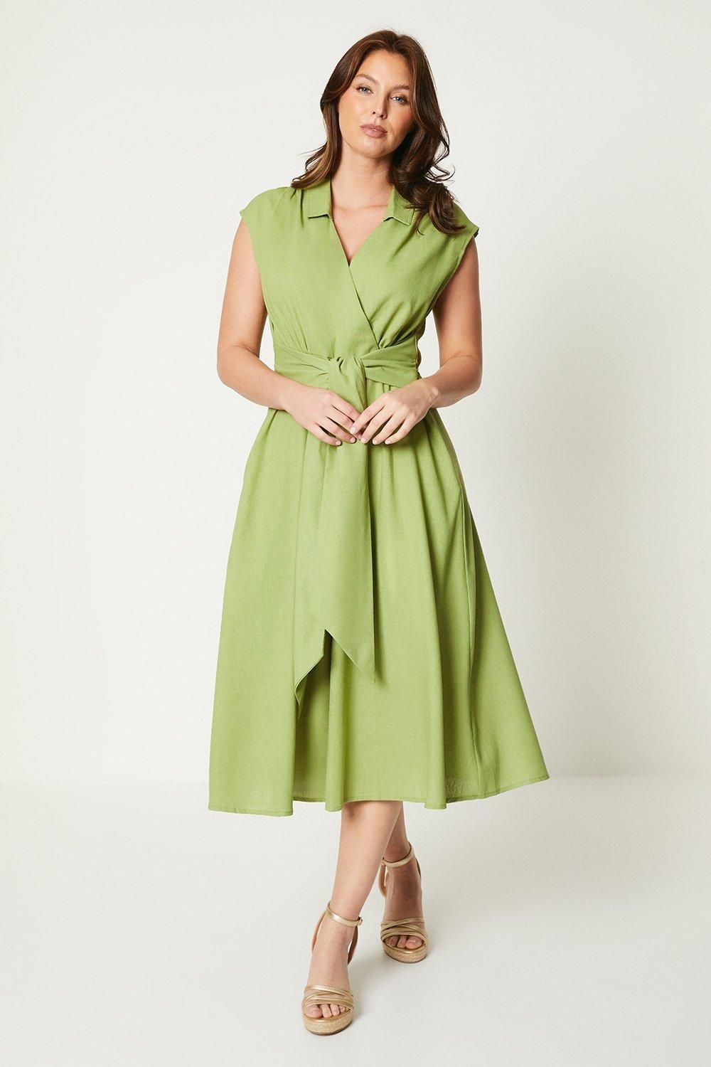 Wallis Principles Linen Blend Belted Midi Dress Chartreuse