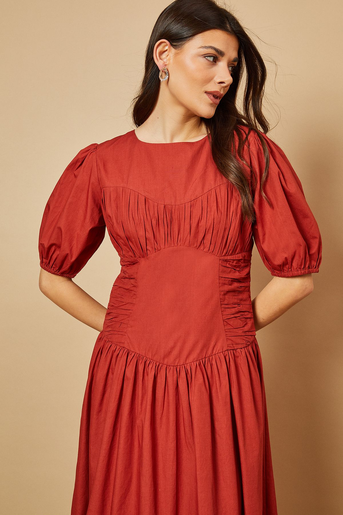 Oasis Poplin Panel Ruched Dress Rust image 4