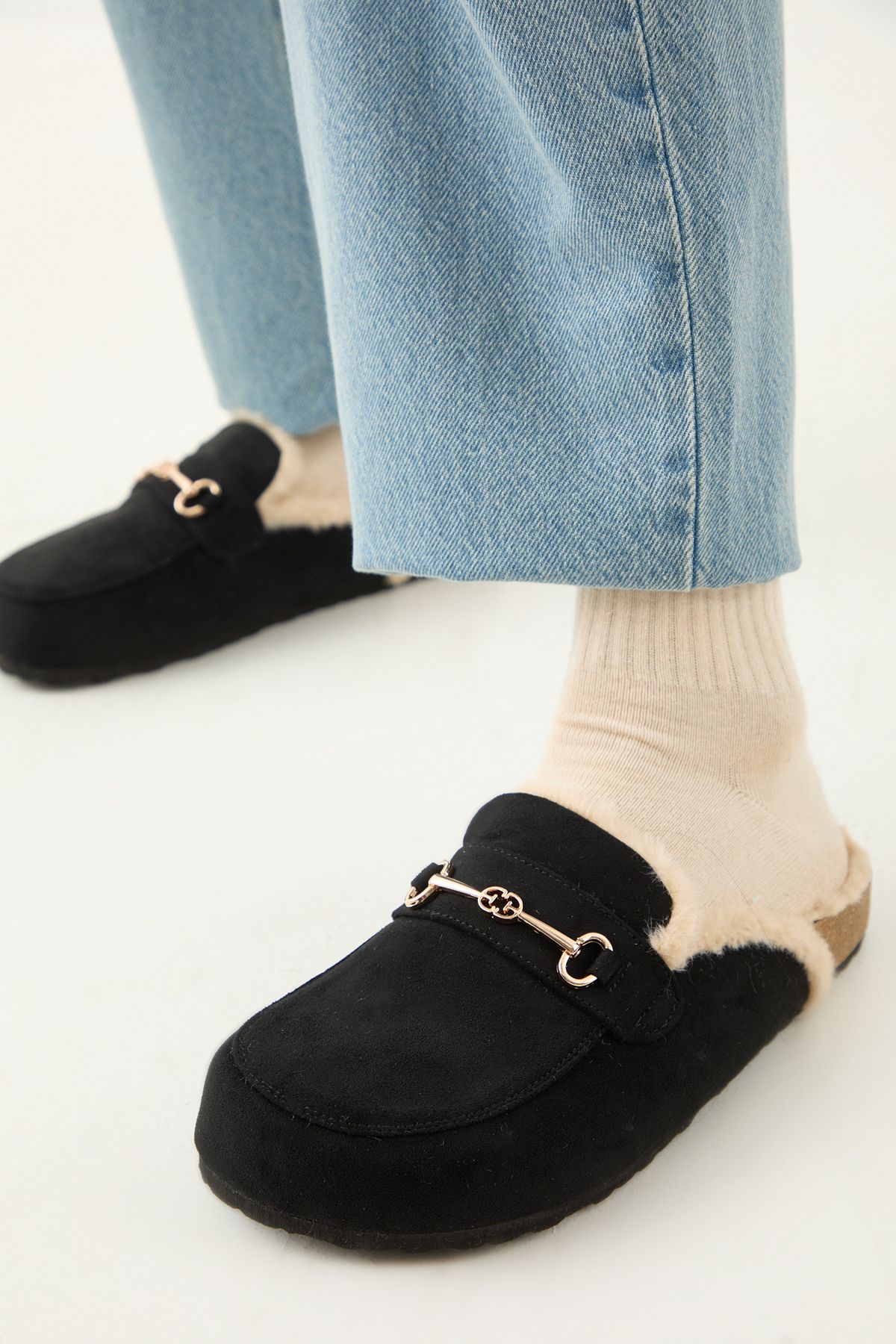 MissPap Faux Suede Fur Lined Snaffle Detail Closed Toe Mules Natural Black image 4