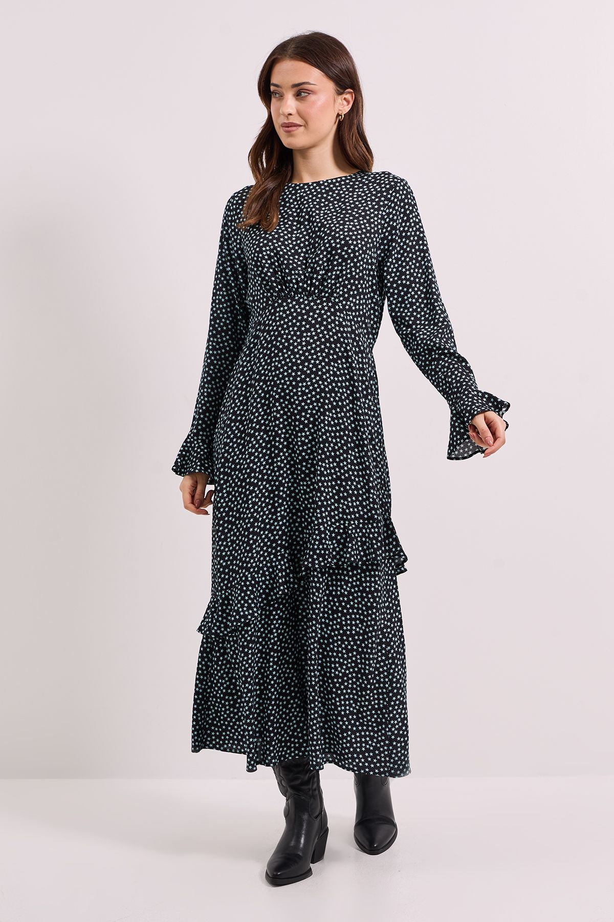 Dorothy Perkins Frill Sleeve Ruffle Detail Printed Midi Dress Black image 1