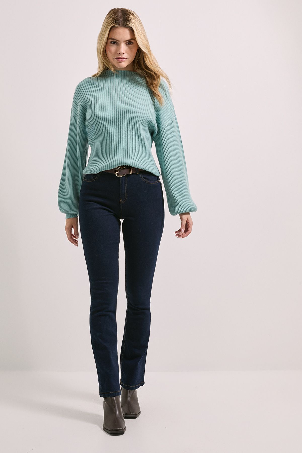 Dorothy Perkins Funnel Neck Balloon Sleeve Jumper Teal image 2
