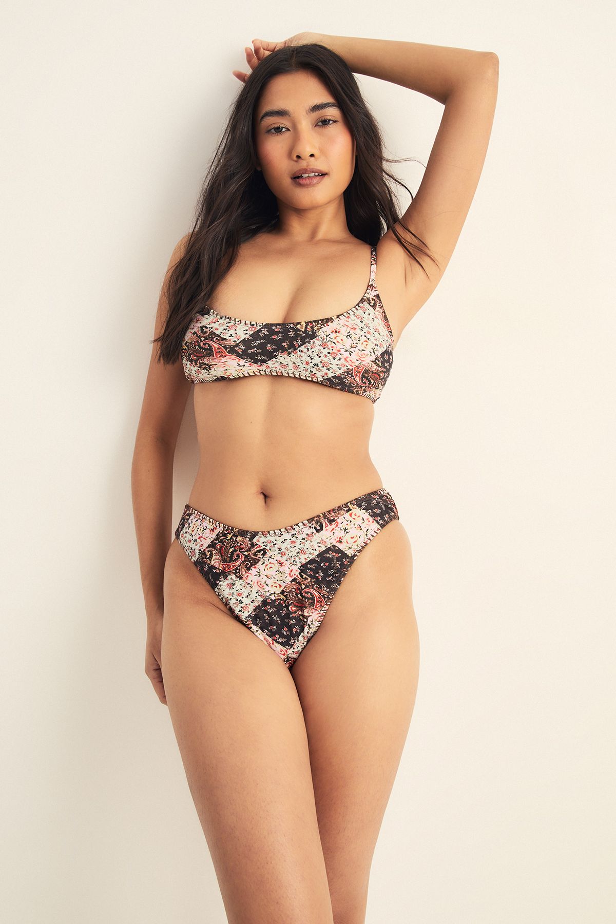 NastyGal Patchwork Stitch Detail Crop High Leg Bikini Set Brown