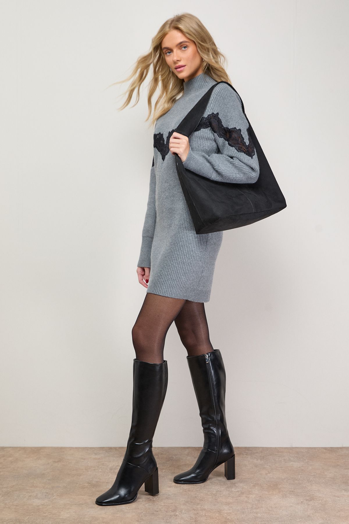 Oasis Contrast Lace Stitch High Neck Knitted Mini Dress Grey image 1