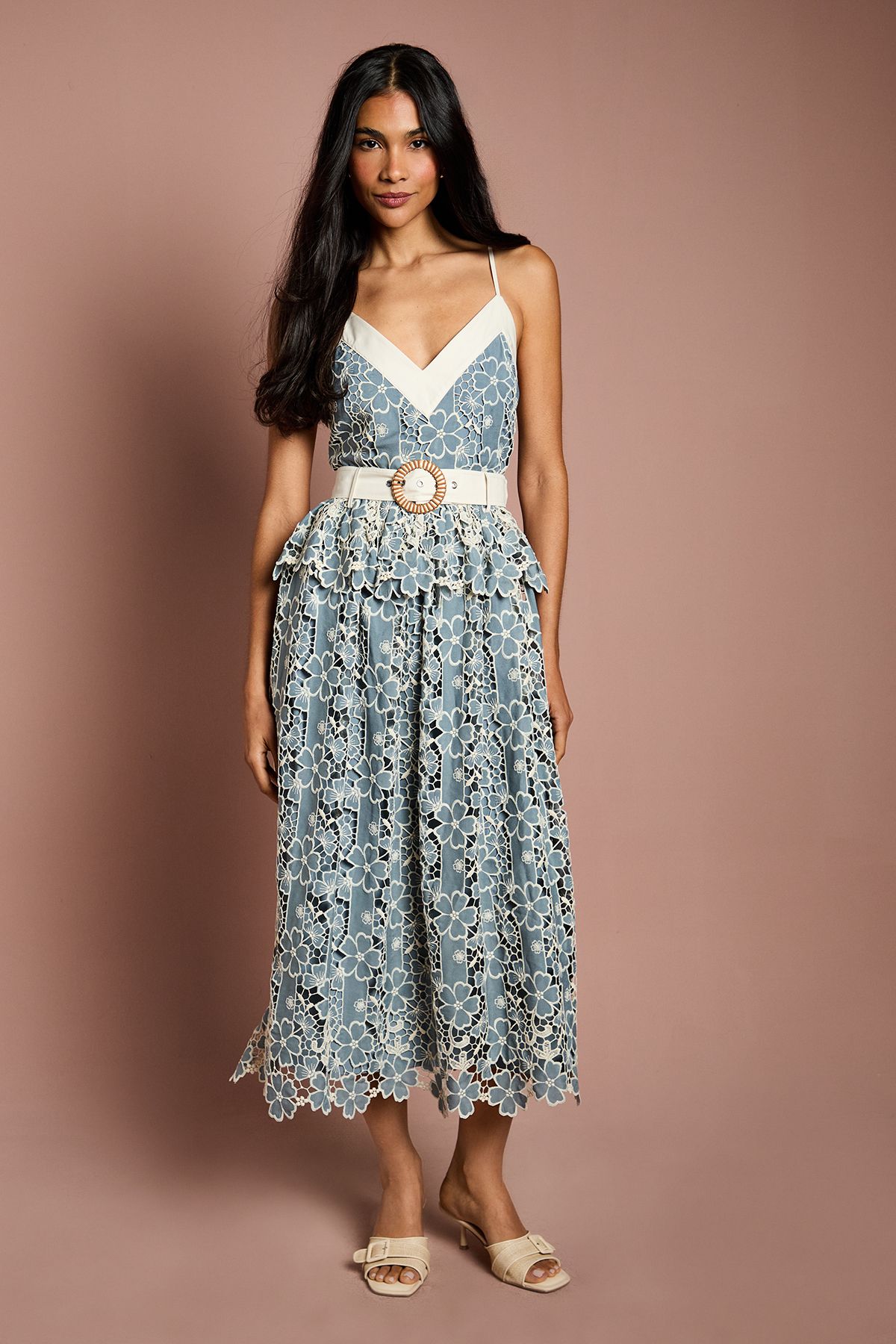 Coast V Neck Cami Cutwork Lace Midi Dress Blue image 1