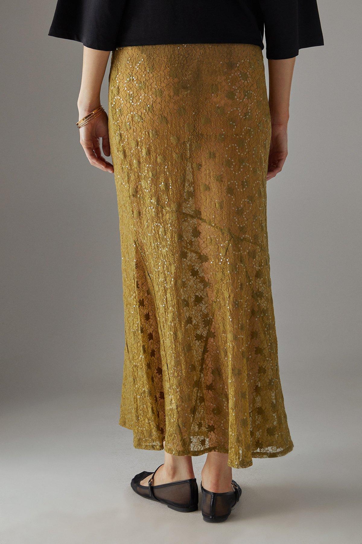 Warehouse Sheer Lace Fishtail Maxi Skirt Khaki image 4